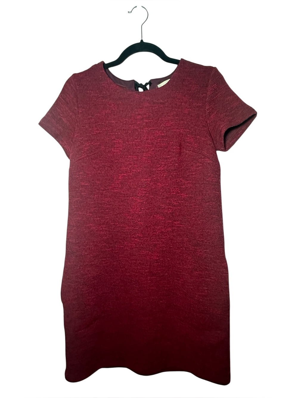 Loft Burgundy Knit Classic Short Sleeve Shift Dress Tie-back Neckline Size 2